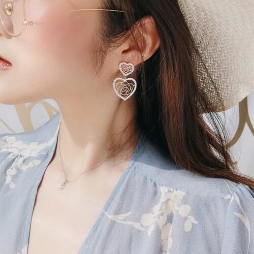 TIMEONLY Romantic Love Heart Net Hollow Shinning Rhinestones Drop Earrings for Women Girls Cute Earring Wedding Gifts Jewellery