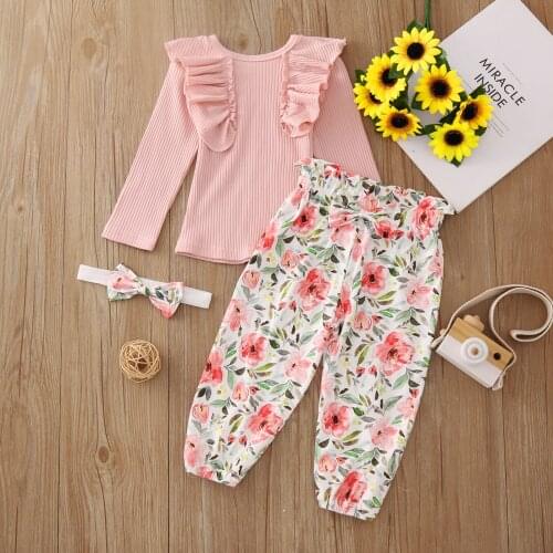 3pcs Toddler Baby Girls Clothes Cotton Ribbed Tops +Floral Pants +Hairband Set Baby Kid Outfit Fall Girl Clothes 1 2 3 4 5 Years