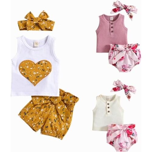 Baby Clothes Baby Girls Cute Cotton Love Printing Vest Tops + Cute Bows Shorts + Hair Band Baby Set Clothes Three - Piece Set