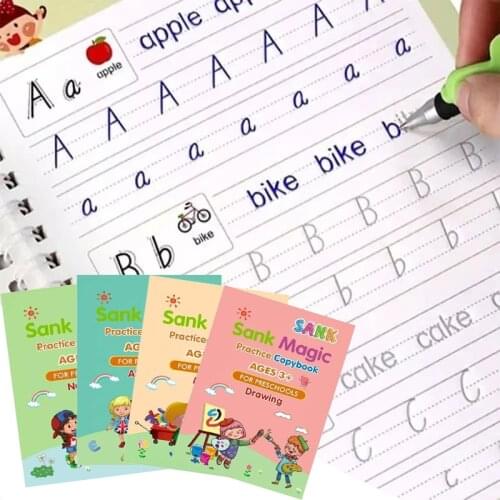 4 Books + Pen The Book Magic Practice Copybook Free Wiping Childrens Copybook Magic Magic Writing Sticker In English Version