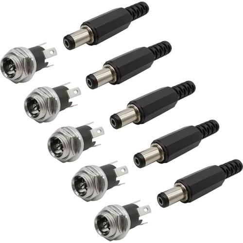 5Pair/10Pcs 5.5mm x 2.1mm DC Power Supply Plug Connector+Female Metal Panel Mount Socket Jack Plug DC Connector Terminal Adapter