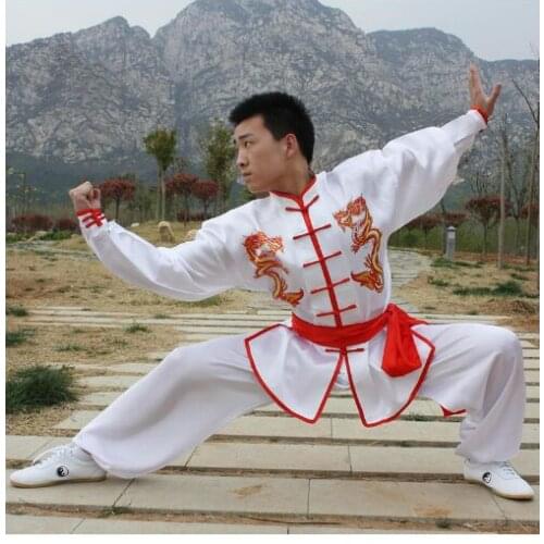 White Double Dragon Traditional Chinese Tai Chi Clothing Long Sleeve KungFu Uniforms Wushu TaiChi Martial Arts Suit