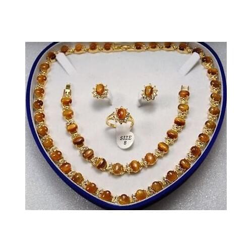 Nobility Quartz crystal Yellow GP Inlay African Tigers Eye Necklace Bracelet Earring Ring Set + box