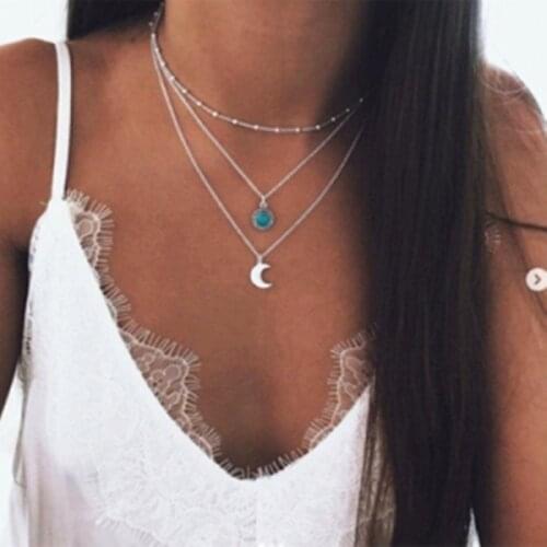 Bohemian Jewelry 2021 New Fashion Pop Jewelry Moon Three-layer Multi-layer Necklace Female Jewelry Wholesale Summer Gifts