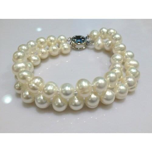 Natural Freshwater Pearl Double Strand Bracelet Real pearl Bracelet White Classic 7-8MM 18CM Free Shipping Women Jewelry