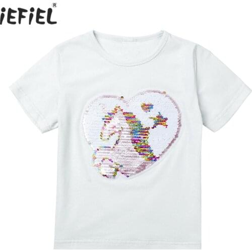 Children T-Shirt Summer Casual Short Sleeve Cotton Girls T-shirts Cartoon Horse Sequin Kids Clothing Tee Tops Toddler Clothes