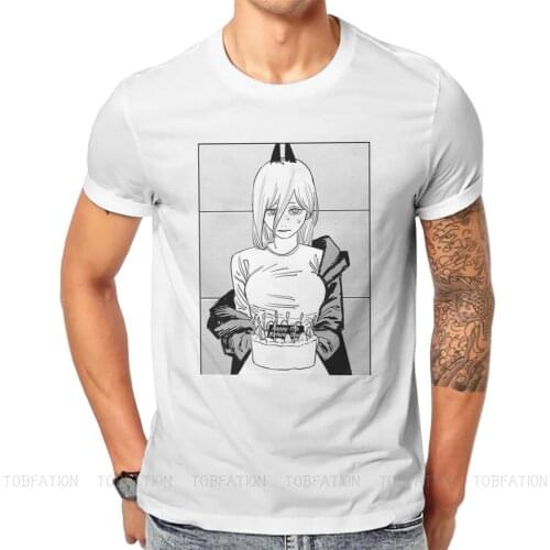 Chainsaw Man Anime Power With Cake T Shirt Vintage Punk Summer Large Cotton Mens Tops Harajuku O-Neck TShirt