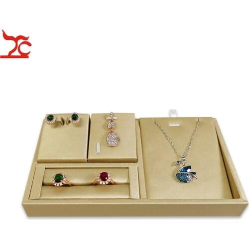 Quality Jewelry Display Set Gold Leather Ring Earring Pendant Necklace Display Stand Jewelry Organzier Storage Holder Tray