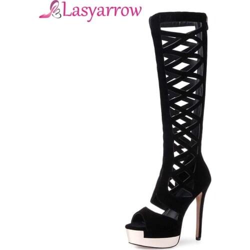 Lasyarrow Gladiator High Heels Stilettos Sandals Zipper Platform Open Toe Summer Knee High Boots Sexy Cut Outs Shoes Woman Q059