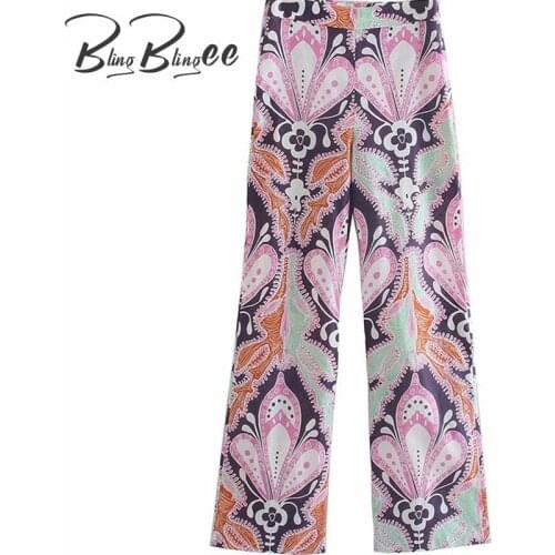 BlingBlingee Lightweight Casual Vintage Totem Print Women Long Trousers Side Zipper High Waist Straight Pants Female Bottoms