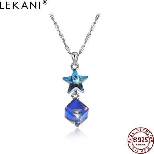 LEKANI Sterling Silver 925 Jewelry Star Necklace Womens Blue Square Austria Crystal Pendant Necklaces Valentines Day Gift