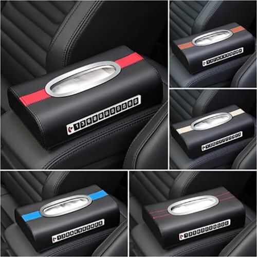 Multifunction car sun visor tissue box holder hanging PU Leather with parking number pater towel case napkin Storage bag
