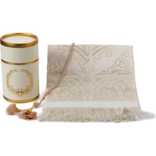 Dolmabahe Prayer Rug & Rosary Set Gold Prayer Mat For Muslims Quran Islamic