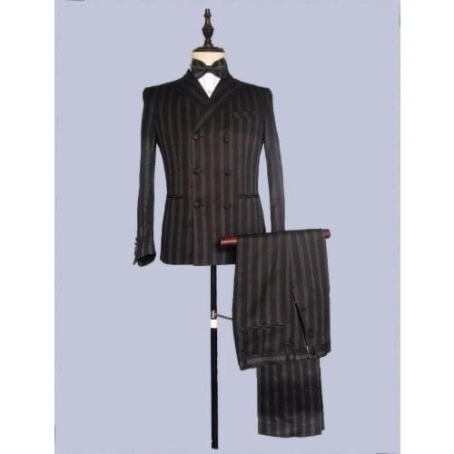 Fad Latest Coat Pant Designs Black Grey Stripes Men Suit Jacket Slim Fit Style Suits Tuxedo 2 Piece Groom Prom Blazer Ternos