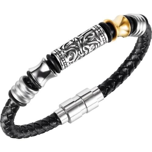 N1454 National Braided Leather Bracelet with Magnetic Buckle Mens and Womens Wrapped Leather Bracelet Wrist Bangle 6mm 8.5