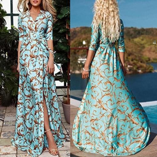 Sexy holiday v-neck split maxi dress women blue Elegant long sleeves lace up wrap dress Casual female vestidos