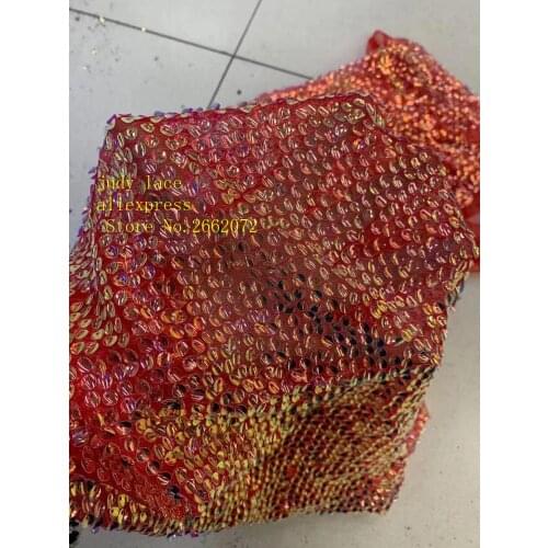 Stock 5yards/bag Rose-red embroidered fish scales sequined fashion fabric is used in wedding dress design XX96