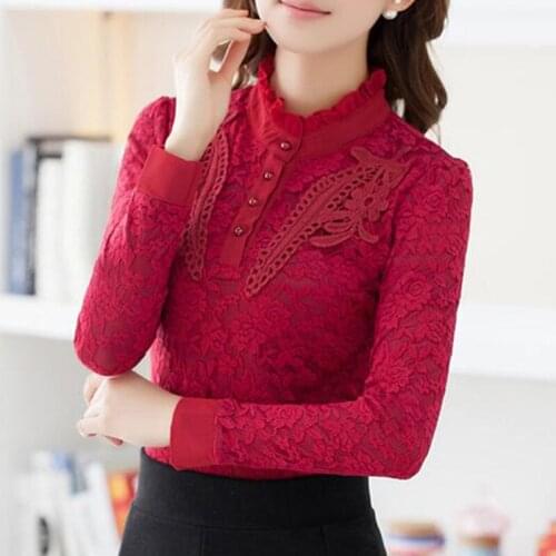 Turtleneck Lace Women Blouse And Shirts Slim Solid Office Lady Elegant Ruffles Thicken Warm Fleece Buttomings Shirts Tops