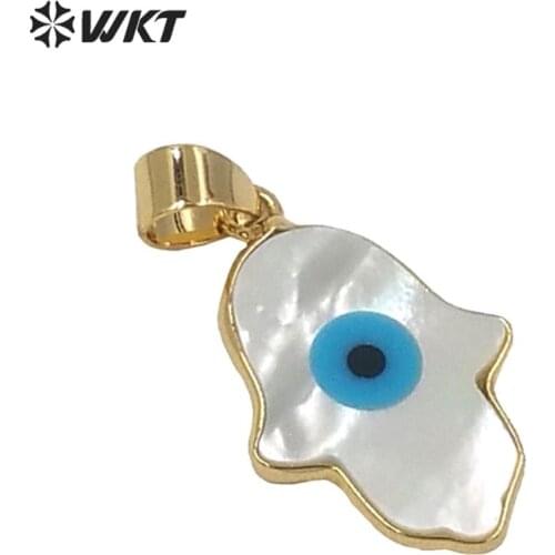 WT- P883 Gold Trim Palm Natural White Shell Evil Eye Pendant Hamsa Hand howlite Greek Eye Bead Gem stone Making Jewelry