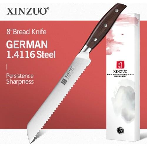 XINZUO 8" inch Bread Knife GERMAN 1.4116 Stainless Steel Cake Knife Kitchen Knives High Quality Cook Tools Red Sandalwood Handle