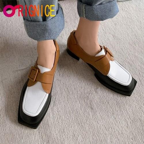 Orignice 2021 Neutral Genuine Leather Handmade Square Toe Low Heel Pumps Buckle Modern Daily Wear Women Wild Casual Shoes