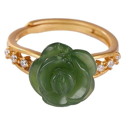 S925 sterling silver gold plated Hetian jade ring retro easy matching elegant rose Womens Open ring