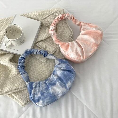 2021 Women Cloud Bag Fashion Design Tie Dye Printing Canvas Shoulder Bag Female Underarm Bags Pleated Small Handbags And Purses