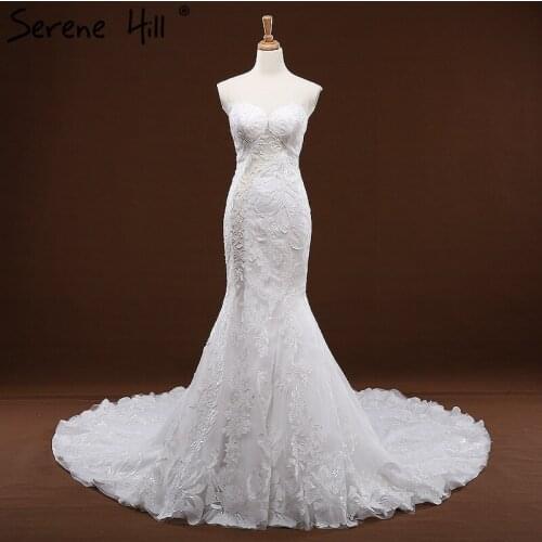 Serene Hill White Strapless Sequined Mermaid Lace Wedding Dress 2021 Sexy Long Train Bridal Gown Custom Made CHM66296