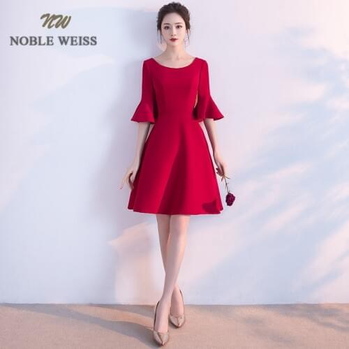 NOBLE WEISS Elegant Dark Red O-Neck Prom Gowns Formal Evening Gown Short Satin Prom Dress With Short Sleeves Free Shipping