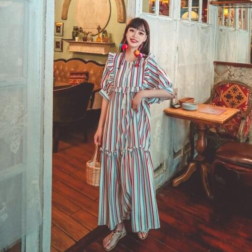 Film Bohemia wind hubble-bubble sleeve stripe color matching printing holiday tassel with loose dress