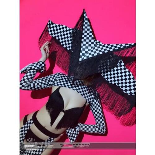 Black and white Sexy Gogo stage dance wear plaid tassel headdress gogo dance team bikini bar costume