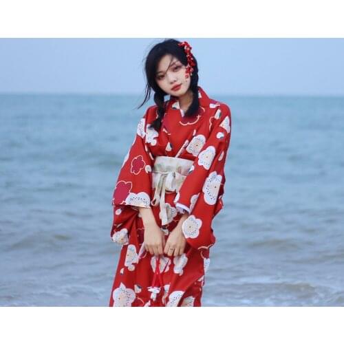 Womens Kimono Robe Traditional Japan Yukata red Color flowers Prints Summer Dress Performing Wear Cosplay Clothing
