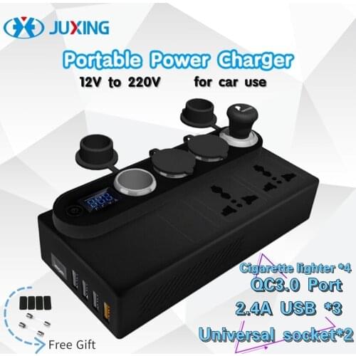 JUXING Car Power Charger Converter Truck / Vehicle Inverter DC 12-24V to AC 220V Adapter with QC 3.0 Port +2 AC Outlet Pure sine