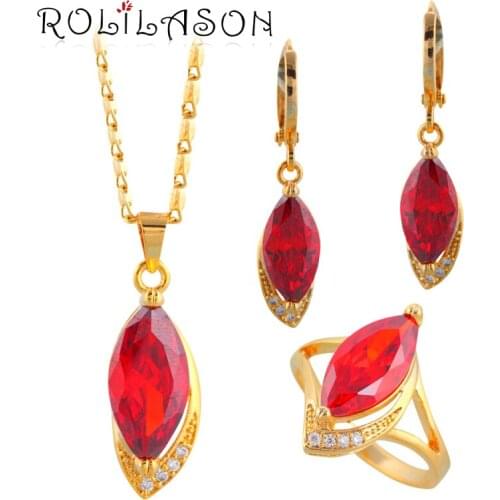 ROLILASON Party Sets gold Tone Zircon Zircon Jewelry Sets Earrings Necklace Ring Sz #7.5#6.5 #8.5 #8 #9 Fashion Jewelry JS281