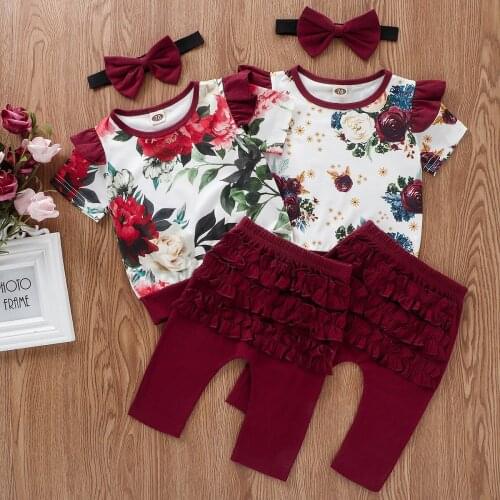 Baby girl suit 2021 summer fashion big flower lotus leaf print flying sleeve top + pleated trousers + hair band 3PCS