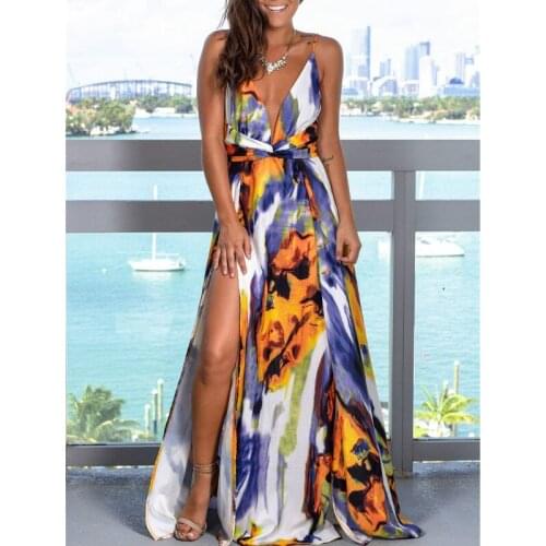 Summer Sexy Sleeveless V-Neck Floral Printed Boho Dress Holiday Beach Style Dress