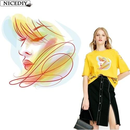 Nicediy Fashion Watercolor Girl Iron On Transfers On Clothing Patches Heat Transfer Vinyl Sticker Applique On Clothes Badge DIY