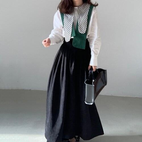 Autumn 2021 New Korean Wave Dot Irregular Lapel Stitching Long-sleeved Shirt + High-waist Pleated Skirt Suit DK1169