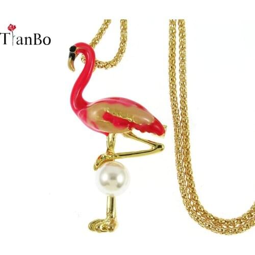 TianBo Statement Alloy Flamingo Bird Pendant Necklace Enamel Chain Collar New Fashion Animal Accessories Jewelry For Women