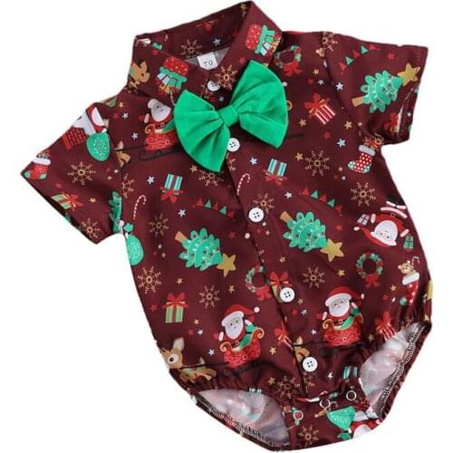 Christmas Clothes Baby Boy Printed Short Regular Sleeve Turn-down Collar Covered Button Fashion Stylish Bodysuit