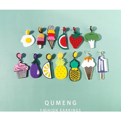 QUMENG New European and American Fruit Fashion Long Ear stud exaggeration Funny vegetables Sweet cone Earrings Lady Earrings