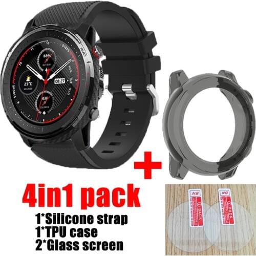 4in1 Wrist Strap for huami Amazfit Stratos 3 strap Silicone band Sports Belt for amazfit stratos3 case TPU cover glass screen