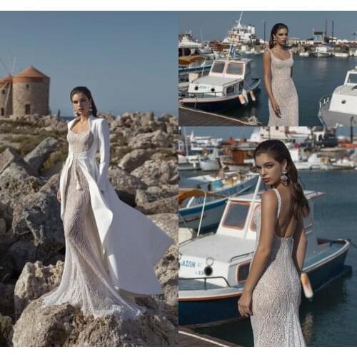 Mermaid Wedding Dresses With Long Jacket 2020 Lace Appliques Sweep Train Beach Wedding Dress Custom Made Vestido De Noiva