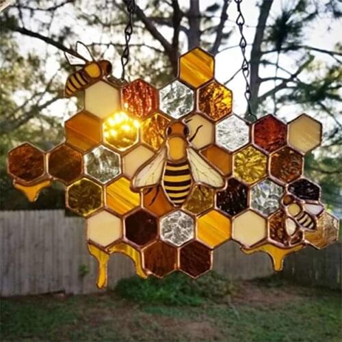 1pc Bee Festival Ornaments Bee Hanging Decor Stained Glass Honeycomb With Bee Suncatcher Home Decoration Garden Decoration