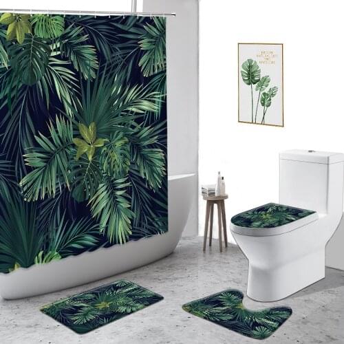 Green Plant Leaf Shower Curtain Monstera Tropical Plants Bathroom Decor Four-Piece Non-Slip Bath Mat Toilet Cover Bathtub Screen