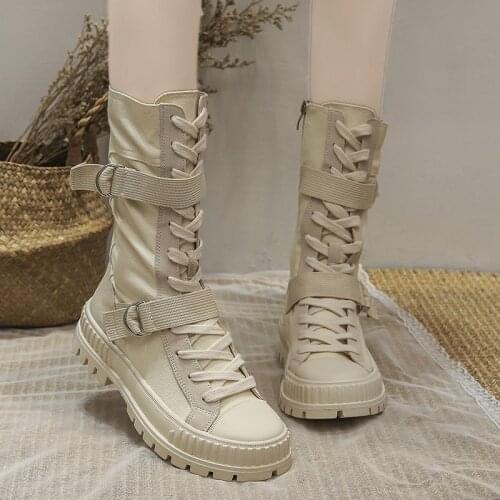 2021 New Women Spring Summer Canvas Combat Boot Hiker High-Top Booties Mid-Calf Lady Shoes