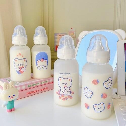 320ml Creative Glass Kawaii Female Student Childrens Cute Bear Water Cup Frosted Straw Silicone Pacifier Bottle For Drinking