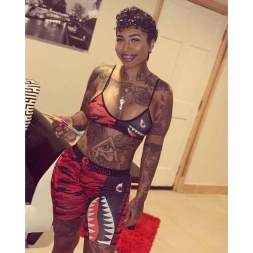 AHVIT Camouflage Colorful Printed Sexy Two Piece Set Spaghetti Strap Sleeveless Crop Top And Sheath Short Pants Tracksuit LS6222