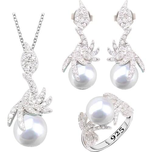 White Pearl 925 Silver Jewelry Set for Women Gift Earrings Necklace pendant Ring Gray Black Blue 4 Colors Available