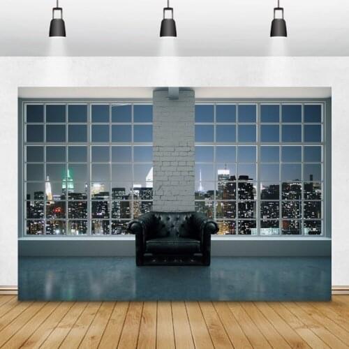 Laeacco Living Room Decor Photo Backdrops Night Buildings Window Sofa Baby Portrait Photography Backgrounds For Photo Studio
